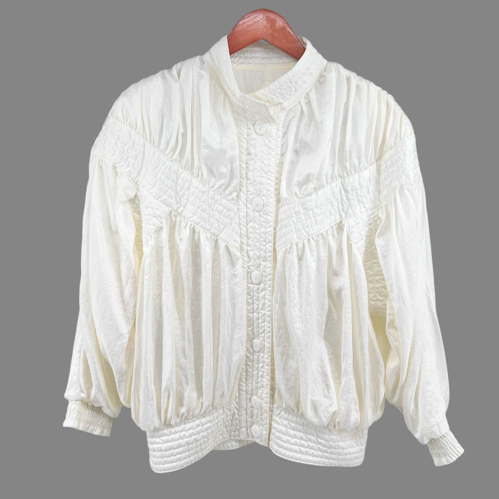 Vtg 80s Abraxas Women Crepe Pleated Windbreaker Jacket Medium Ivory Puff Sleeves